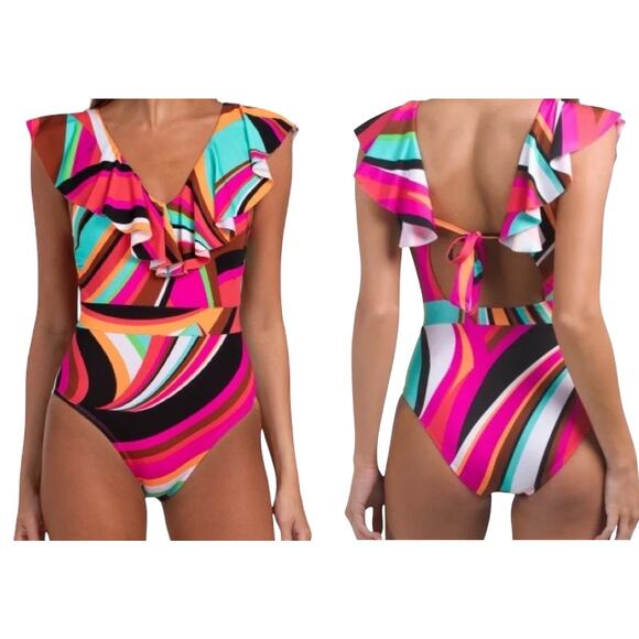 NEW Trina Turk Ruffle Flutter Sleeve Plunge One Piece Swimsuit Colorful Size 10 - Picture 9 of 9